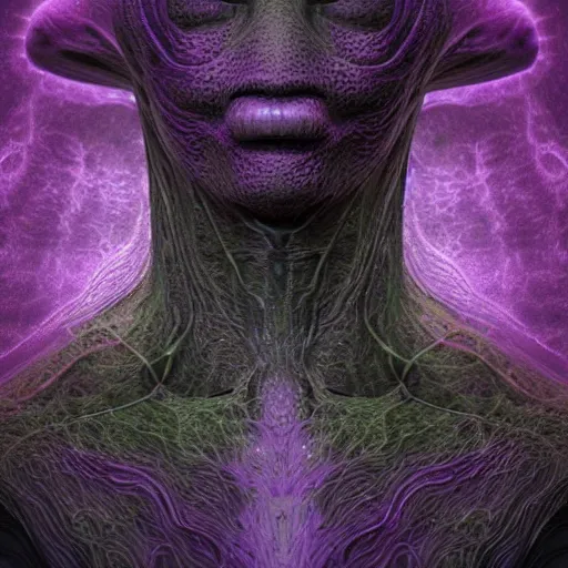 Prompt: a beautiful portrait of a mycelium alien, tints of purple, rendered in blender, by piter pol rubens