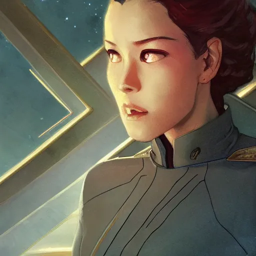 Image similar to star trek starship captain, finely detailed features, closeup at the face, perfect art, gapmoe yandere grimdark, trending on pixiv fanbox, painted by greg rutkowski makoto shinkai takashi takeuchi greg rutkowski, alphonse mucha, akihiko yoshida