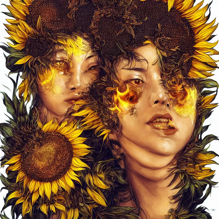 Prompt: The beautiful sunflower Chinese goddess-queen and her eyes burning with fire, she wears an helianthus crown and a black, brown and yellow dress, colourful artwork, indigo background, surreal, dramatic lighting, face, detailed, intricate, elegant, highly detailed, digital painting, artstation, concept art, smooth, sharp focus, illustration, art by Sam Spratt, Dan Mumford, Artem Demura and Alphonse Mucha