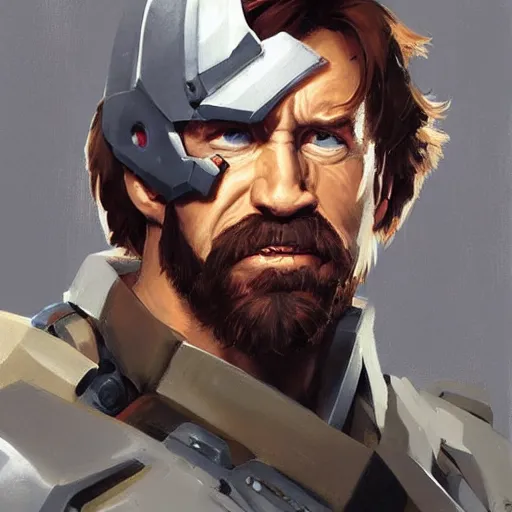 Image similar to greg manchess portrait painting of armored chuck norris as overwatch character, medium shot, asymmetrical, profile picture, organic painting, sunny day, matte painting, bold shapes, hard edges, street art, trending on artstation, by huang guangjian and gil elvgren and sachin teng