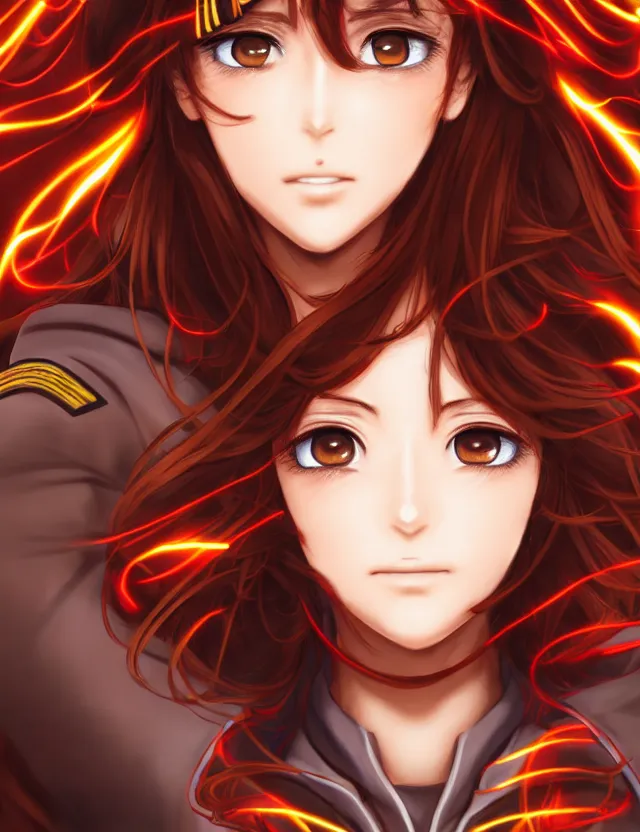 Image similar to a detailed manga portrait of a beautiful brown haired woman in a military uniform glowing with swirling red energy, trending on artstation, digital art, 4 k resolution, detailed, high quality, sharp focus, hq artwork, coherent, insane detail, character portrait