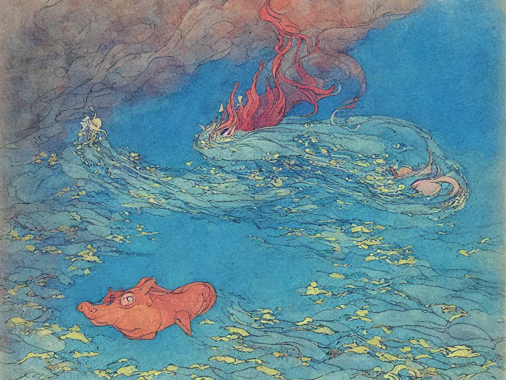 Image similar to an extremely colorful depiction of a hippocampus in the sea, from a book of fairy tales illustrated by edmund dulac