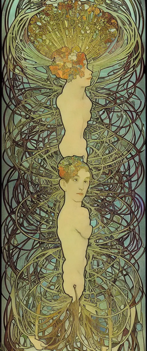 Prompt: neuroscience, nerve cells, neuron, brain, intricate, stained glass by alphonse mucha