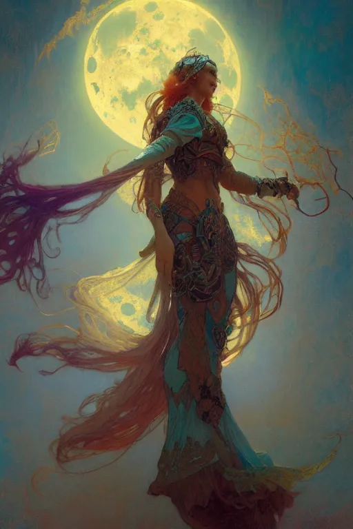 Image similar to pearlescent turquoise moon sorcerer, character design, painting by gaston bussiere, craig mullins, greg rutkowski, alphonse mucha, trending on artstation