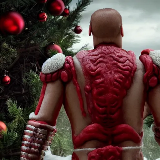 Prompt: a male humanoid giant has skin that looks like red and white hard candy, the giant is wearing a peppermint armor and his back has wings made of mint leaves, the giant has a christmas present in his hand, cinematic dune movie still