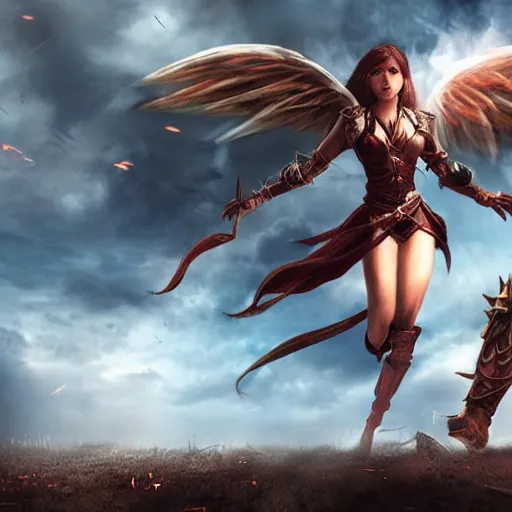 Prompt: an epic battle between a female angel and male demon locked in mortal combat flying through the air, cinematic, excellent lighting, fully rendered, clouds in the background