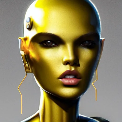 Image similar to A yellow skinned female android with half head shaved revealing metal robot head by Stanley Artgerm Lau, WLOP, Rossdraws, James Jean, Andrei Riabovitchev, Marc Simonetti, and Sakimichan, trending on artstation