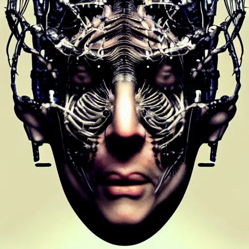 Image similar to portrait of neural nightmares by yoshitaka amano and HR Giger, detailed face face face face, facial structure, hd, 8k, very very very very electronic, biomechanical, biology, bio, neural machine, single subject, terror