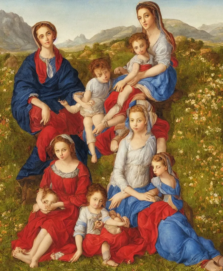 Prompt: Detailed Portrait of beautiful Madonna with two children playing in the style of Raffael. Children are very small and only cloth is blue linen. Madonna has a blue skirt and a red shirt. They are sitting in a dried out meadow. In the background, there is a lake with a town and mountains. Flat perspective.