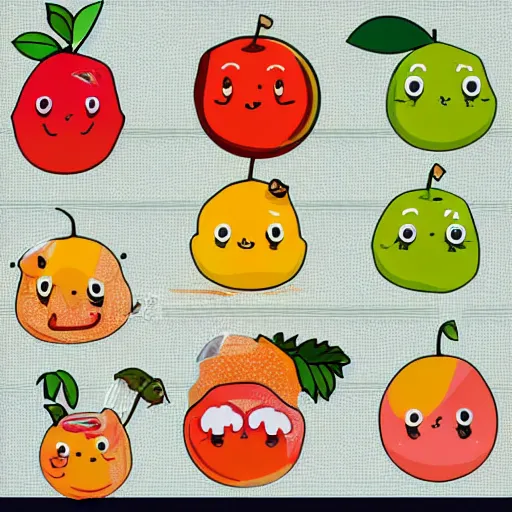 Image similar to a set of kawaii fruits isolated on white background, cartoon, cute, vector graphics,