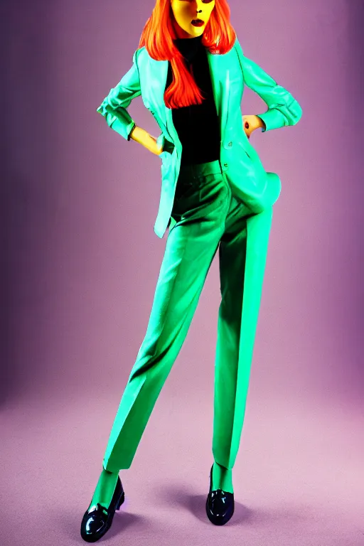 Image similar to realistic photoshooting for trouser suit for a rave, bright colors, vhs colour photography, fashion photography, vogue, smooth skin, perfect face, 8 0 mm lens, 1. 2 aperture, cinematic light, very detailed,