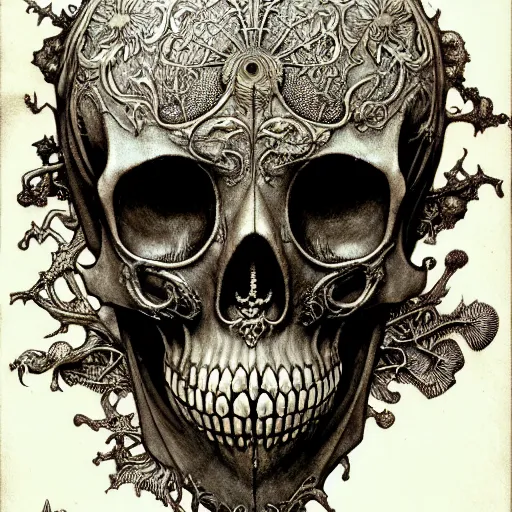 Image similar to memento mori by arthur rackham, art forms of nature by ernst haeckel, ultrasharp, photorealistic, hyperdetailed, octane render, polished, art nouveau, gothic, ornately carved antique bone beautiful skull mask dominant, intricate ornamental organic filigree, art nouveau botanicals, art forms of nature by ernst haeckel, horizontal symmetry, symbolist, visionary