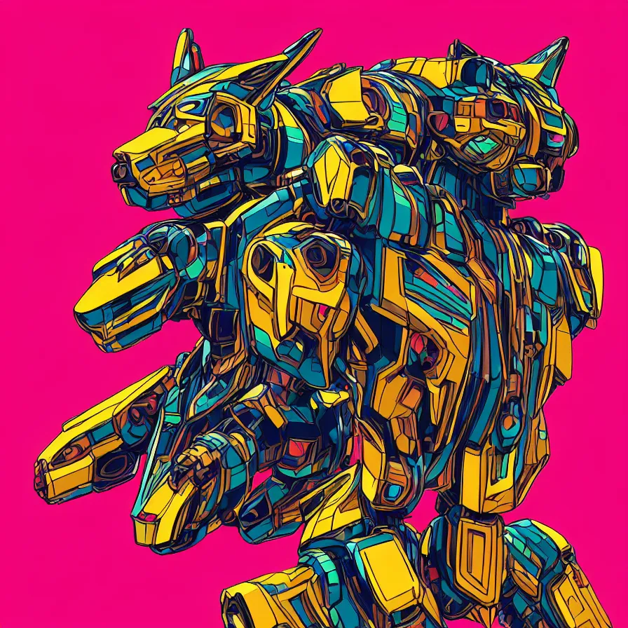 Prompt: a hypermaximalist overdetailed antropomorphic humanoid mecha or android with a hed of a lynx, tiger, or lion. lowbrow color palette. artwork by subjekt zero