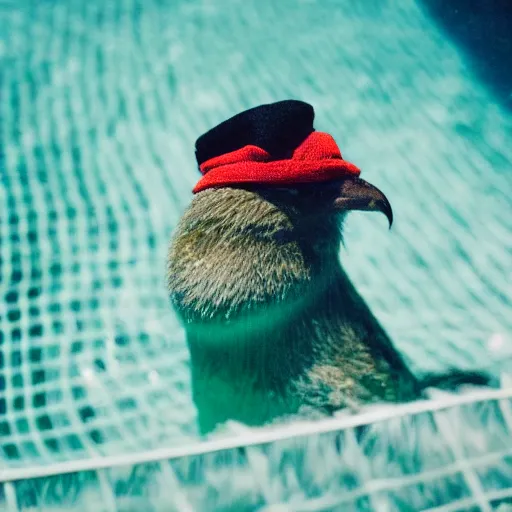 Prompt: a kiwi bird with a wooly hat caught in a net above a pool, 35mm photograph