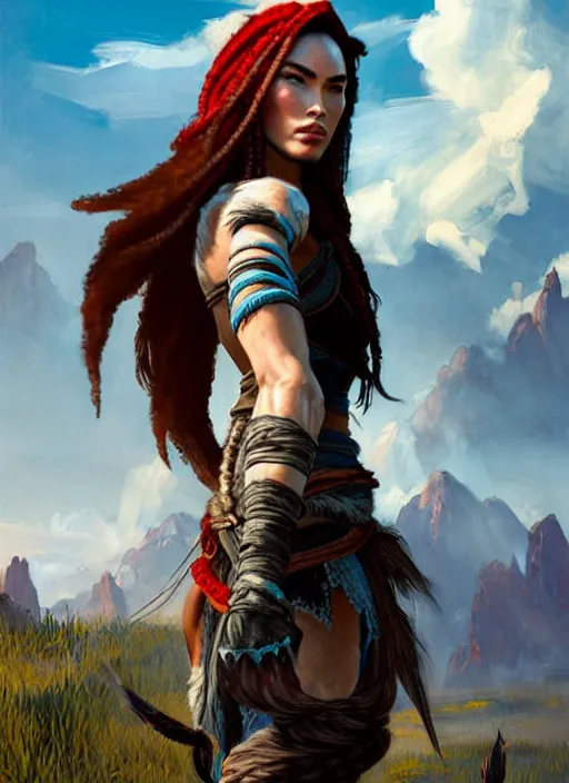 Prompt: megan fox appearance with black braided hair as aloy from horizon zero dawn in the style of assassins creed, countryside, calm, fantasy character portrait, dynamic pose, above view, sunny day, thunder clouds in the sky, artwork by jeremy lipkin and giuseppe dangelico pino very coherent asymmetrical artwork, sharp edges, perfect face, simple form, 1 0 0 mm