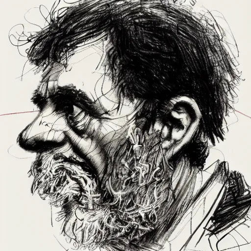 Prompt: a realistic yet scraggly portrait sketch of the side profile of a stern and sophisticated david bryne, trending on artstation, intricate details, in the style of frank auerbach, in the style of sergio aragones, in the style of martin ansin, in the style of david aja, in the style of mattias adolfsson