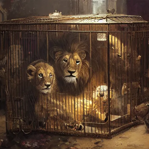 Prompt: inside of a medieval fantasy pet store, adorable lion cub in a cage, oil painting, by greg rutkowski