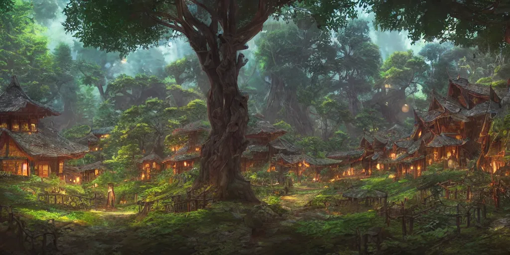 Image similar to An elven village, forest, cinematic angle, beautiful, studio Ghibli, cinematic lighting, detailed realism painting, hyperrealistic, 8k