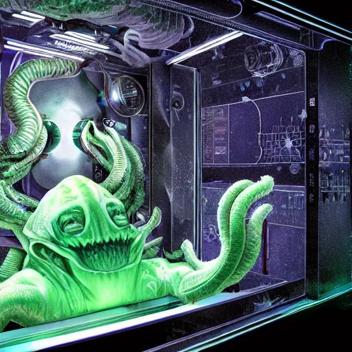 Image similar to scientists watching a clone of cthulhu in culture capsule, bio chemical, hyperealistic, detailed photography, divinity, awful, sci - fi, green light