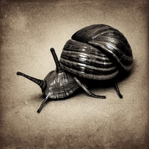 Image similar to snail made of sadness, dark, detailed, rustic, eerie, award winning