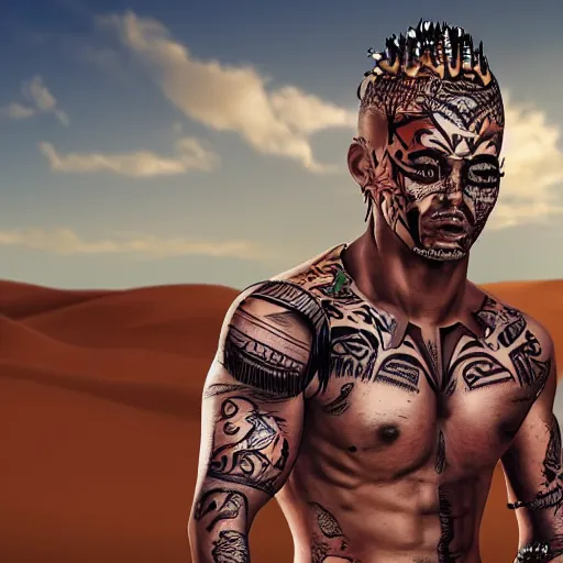 Prompt: a full body image of warrior, shirtless and covered with tribal tattoos on his body and face standing in the desert, extremely realistic and detailed facial features.