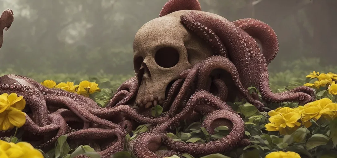 Prompt: an octopus in the shape of a skull surrounded by flowers at noon, foggy!, high dof, 4 k, cinematic shot, photo still from movie by denis villeneuve, wayne barlowe