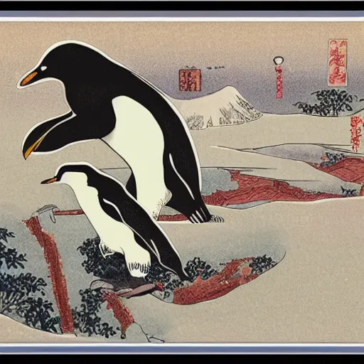 Image similar to penguin meme hokusai style with text royal road pwns j 0 0