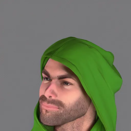 Image similar to portrait of a chad programmer with green hood, photorealistic