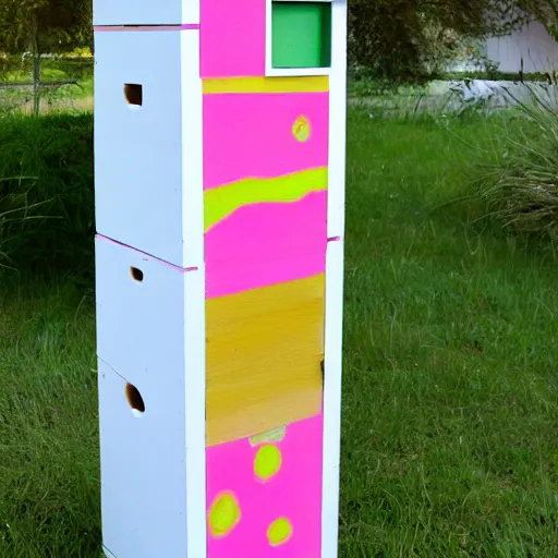 Image similar to a white Langstroth beehive that has an abstract painting in pink and lime green on it painted by children, bees flying around