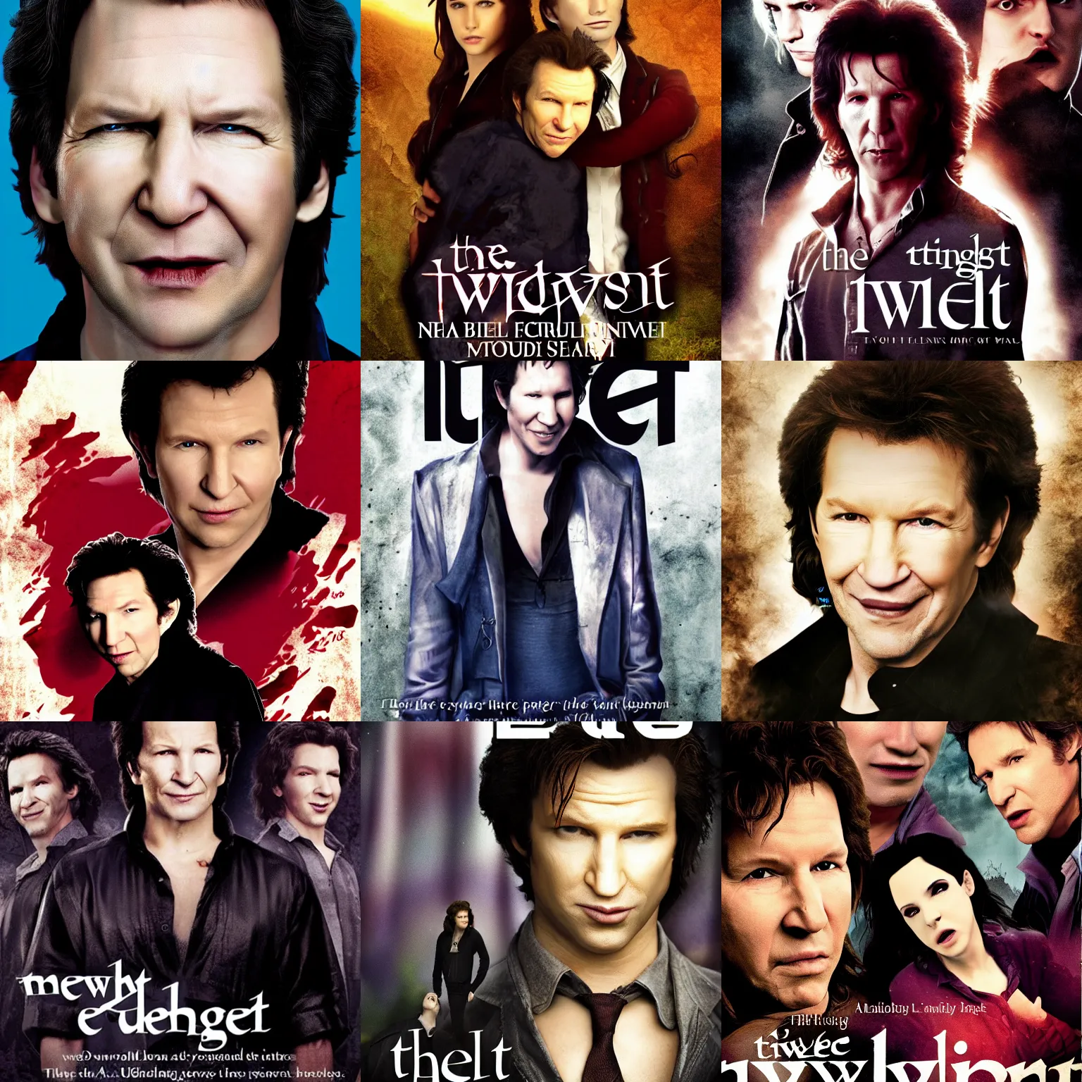 Prompt: the twilight cover with neil breen as edward