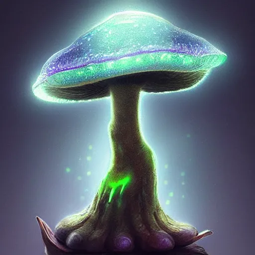 Prompt: a very detailed realistic digital painting of a bioluminescent mushroom wizard. Casting a spell. Trending on Artstation.