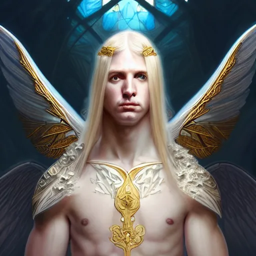 Image similar to the pale blond male angel of battle lucius wearing a white periwinkle, sci fi, glowing eyes, volumetric lights, gold theme, art nouveau botanicals, intricate, highly detailed, digital painting, artstation, concept art, smooth, sharp focus, cinematic, illustration, beautiful face, art by artgerm and greg rutkowski and alphonse mucha