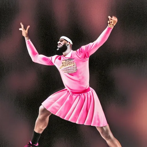 Image similar to paparazzi photo of Lebron James Lebron James Lebron James Lebron James Lebron James wearing ballet clothes, pink skirt, pink shirt, ponytail, ultra high definition, professional photography, dynamic shot, smiling, high angle view, portrait, Cinematic focus, Polaroid photo, vintage, neutral colors, soft lights, foggy, by Steve Hanks, by Serov Valentin, by lisa yuskavage, by Andrei Tarkovsky 8k render, detailed, oil on canvas, beautiful beautiful beautiful beautiful beautiful beautiful
