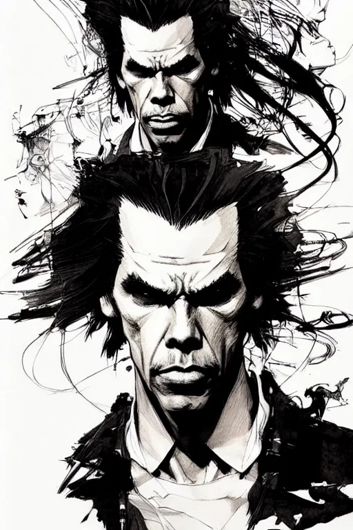 Image similar to portrait of nick cave, concept art, sumi - e style, intricate linework, artstation, trending, highly detailed, smooth, focus, art by yoji shinkawa and glenn fabry,