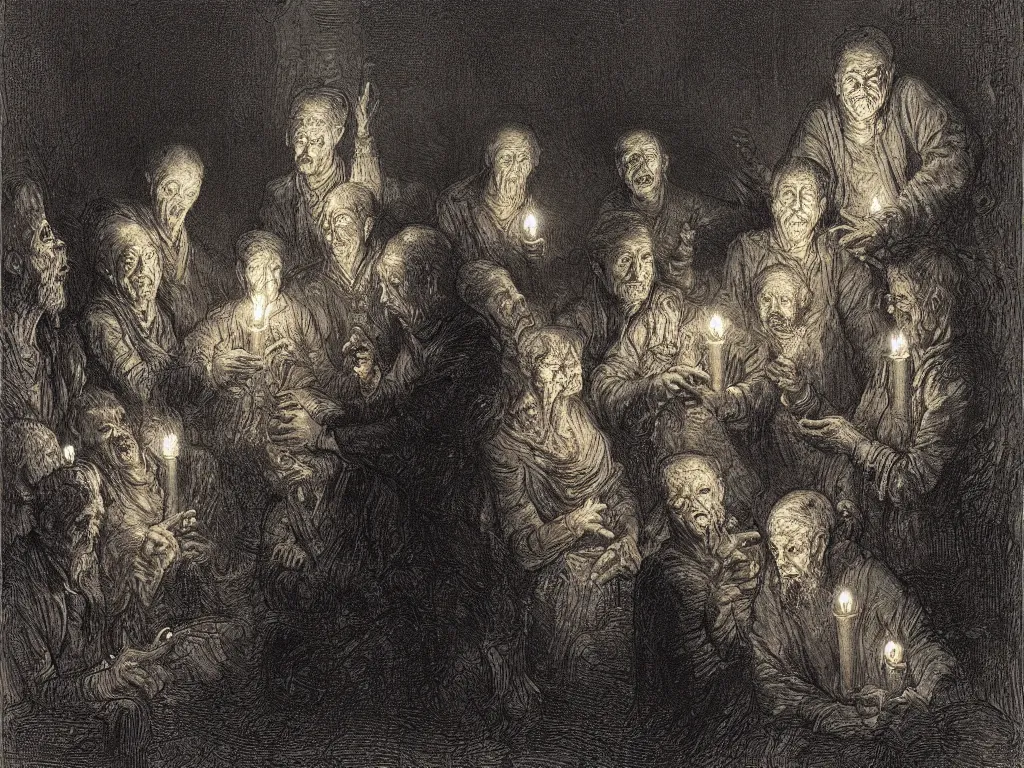 Prompt: Expressive portrait of a gang of old zombies. Candlelight. Painting by Gustave Dore, rembrandt