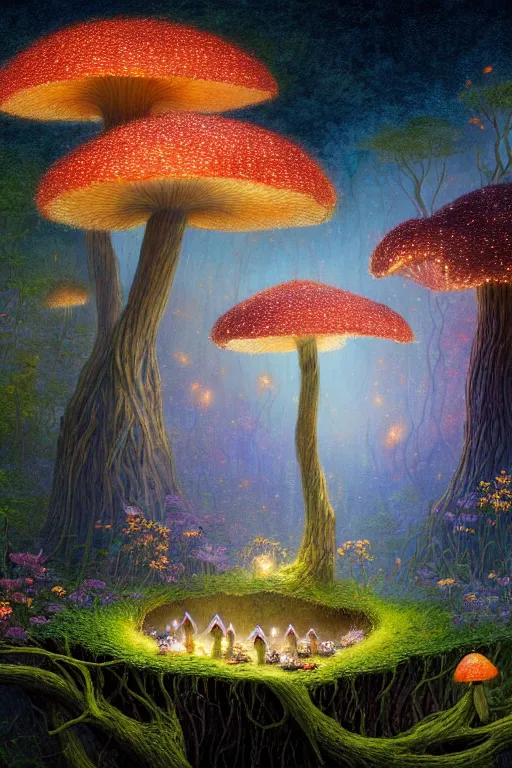 Image similar to a beautiful digital illustration painting of a detailed fantasy fireflies lake and roots, dark mushroom, speckled mushroom, kittens, flowers by benoit b. mandelbrot, steven belledin, martin johnson heade, lee madgwick, caspar david friedrich, and david rios ferreira. 8 k resolution trending on artstation concept art digital illustration