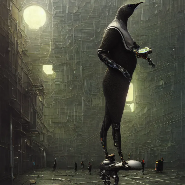 Image similar to A solarpunk very highly detailed Anthropomorphic cybertronic penguin wearing sport suit with very highly detailed face on the street of a very highly detailed solarpunk city digital surrealism art by Greg Rutkowski and Josan Gonzalez, highly detailed, digital concept art, Volumetric natural light, sharp focus, Golden Ratio illustration, realistic concept art by Stephen Hickman and James Gurney and Hiromasa Ogura Ghost in the Shell rendered in VRAY, From the distance