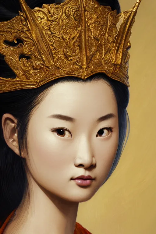 Image similar to realistic detailed painting of Mulan wearing sculpted textured golden armor, close her eye, battle damage, intricate complexity, close-up of the front of the face, super sophisticated texture, resolute expression, back lighting, 4K resolution, symmetric, clear facial features, golden ratio, by Ruan Jia and Mandy Jurgens and William-Adolphe Bouguereau, Karol Bak, smooth, sharp focus, rich deep colors, Unreal Engine 5, digital render, intricate, ultra realistic, concept art,