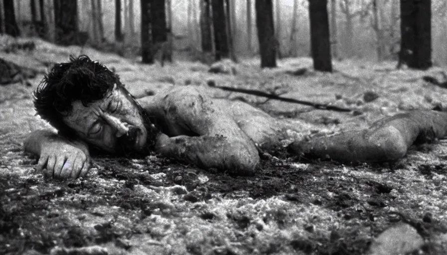 Prompt: 1 9 6 0 s movie still close up of marcus aurelius frozen tired and dirty crawling at the side of a river in white clothes, grass, snowy, pine forests, cinestill 8 0 0 t 3 5 mm b & w, high quality, heavy grain, high detail, texture, dramatic light, anamorphic, hyperrealistic, detailed hair, foggy