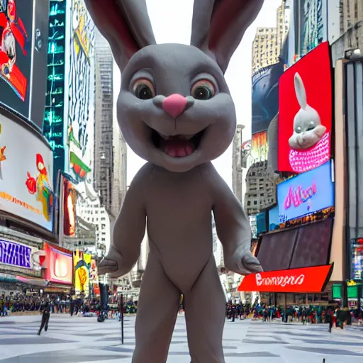 Image similar to an award winning clay sculpture of a funny bunny made by michelangelo, standing in times square, 3 d render, hyper detailed, sharp focus, 8 k resolution