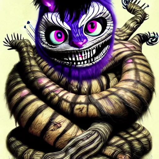 Prompt: graphic illustration, creative design, alice cooper as cheshire cat, biopunk, francis bacon, highly detailed, hunter s thompson, concept art