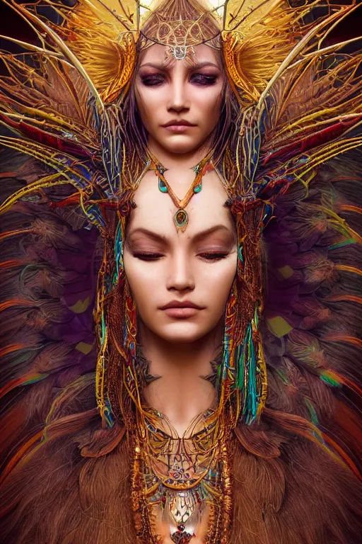 Image similar to a centered render of a single alluring mystical tribal goddess adorned with feathers and gemstones and cables and synthesizer parts is surrounded by sacred geometry made from elven architecture, full body, gorgeous, perfect face, powerful, cinematic, beautifully lit, by artgerm, by karol bak, 3 d, trending on artstation, octane render, 8 k