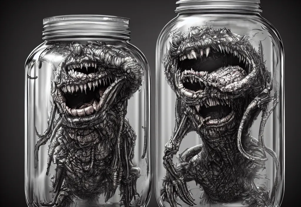 Image similar to Photorealistic miniature monster inside a jar on clean background by H.R. Giger, KDA and Sam Yang, trending on artstation