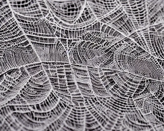 Image similar to extreme close up of a retina, made of intricate decorative lace leaf skeleton, in the style of the dutch masters and gregory crewdson, dark and moody