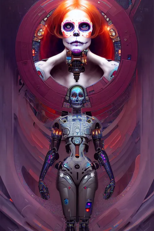 Prompt: ultra detailed, the creation of a female android, sci - fi, triadic color scheme, ( dia de los muertos ), asymmetrical, intricate concept art, art by godmachine and michael welan and dzo and greg rutkowski and alphonse mucha and loish and wlop