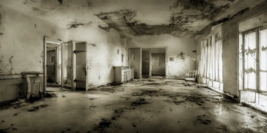 Prompt: depressing soviet hospital ward, demonic doctors, movie still, mad max film, low - key light, wide shot