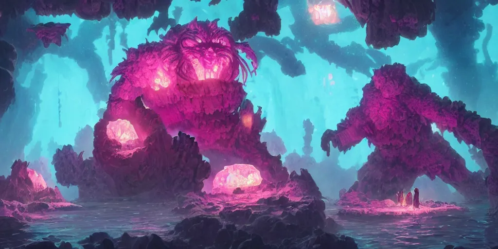 Image similar to giant crystal golem, d & d 5 e creature, bright pink purple lights, underwater, watery caverns, art by greg rutkowski