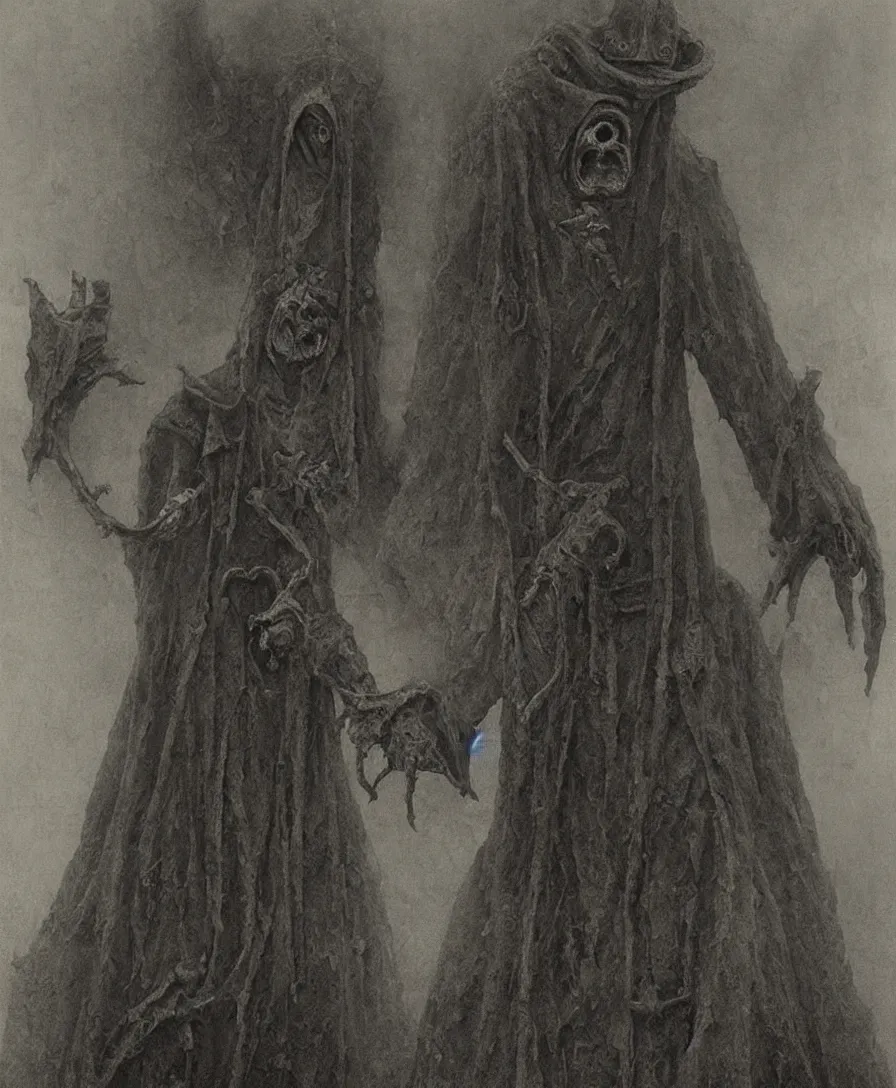 Image similar to plague doctor from iron gridle but human form, destroyed city and flames by zdzislaw beksinski