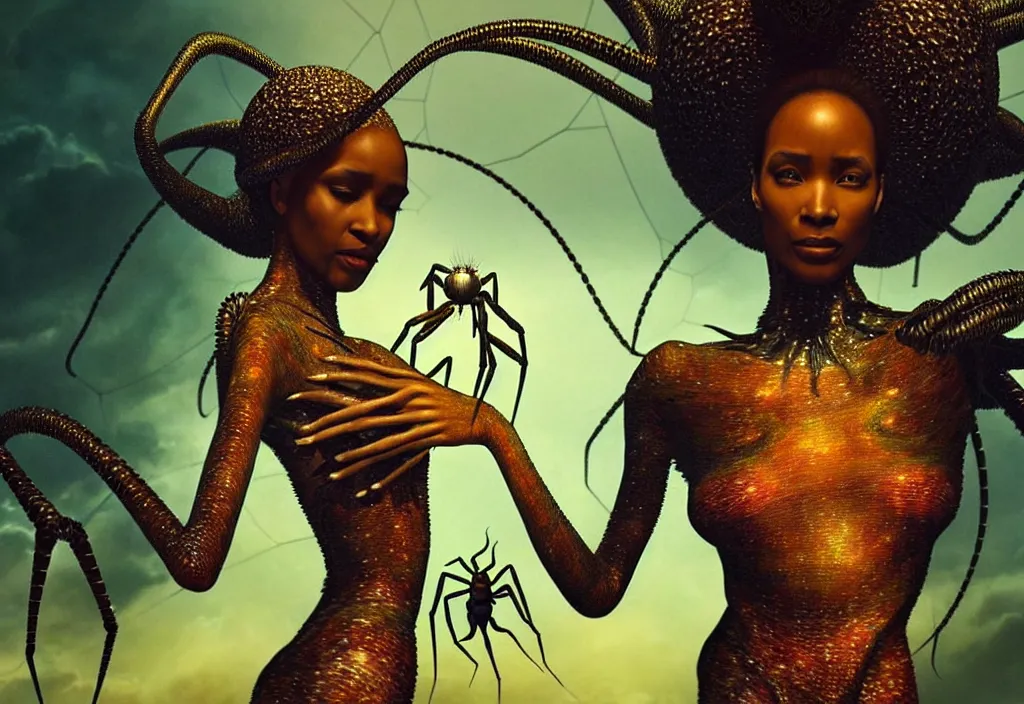 Image similar to realistic detailed portrait movie shot of a beautiful black woman dancing with a giant spider, futuristic sci fi landscape background by denis villeneuve, jean deville, yves tanguy, ernst haeckel, alphonse mucha, max ernst, caravaggio, roger dean, sci fi necklace, fashion, masterpiece, rich moody colours