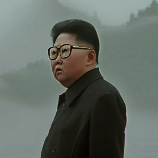 Prompt: Kim Jong-il looking into the fog, filmstill